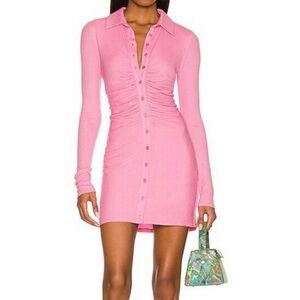 Lovers + Friends Pink Ruched Button-Front Long Sleeve Mini Dress